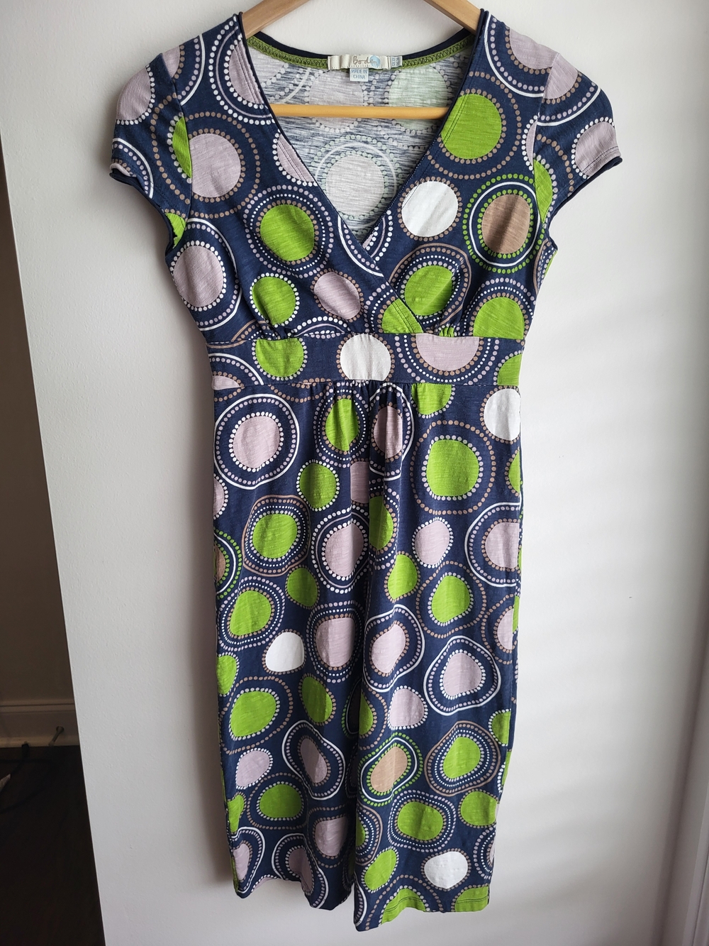 Boden Navy Faux Wrap-Style Dress with Green & Purple Circles